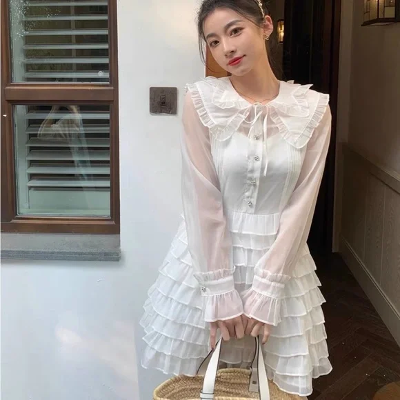 Japanese Kawaii Miu White Princess Balletcore Tiered Layered Ruffle Mini Dress - Picture 1 of 7